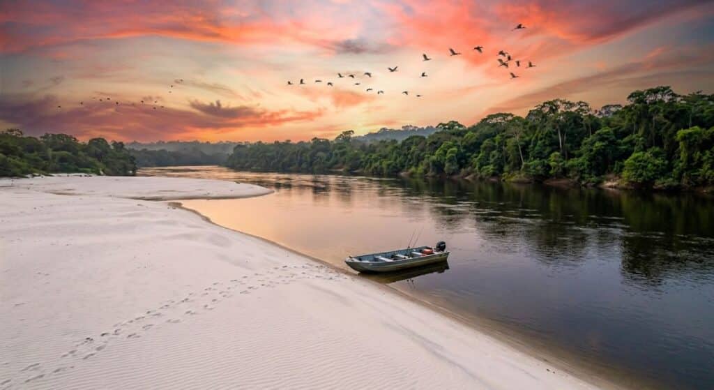 Pesca no Rio Araguaia com Barco de pesca parado às margens do Rio Araguaia, com banco de areia, floresta ao fundo, aves no céu e pôr do sol refletindo na água.